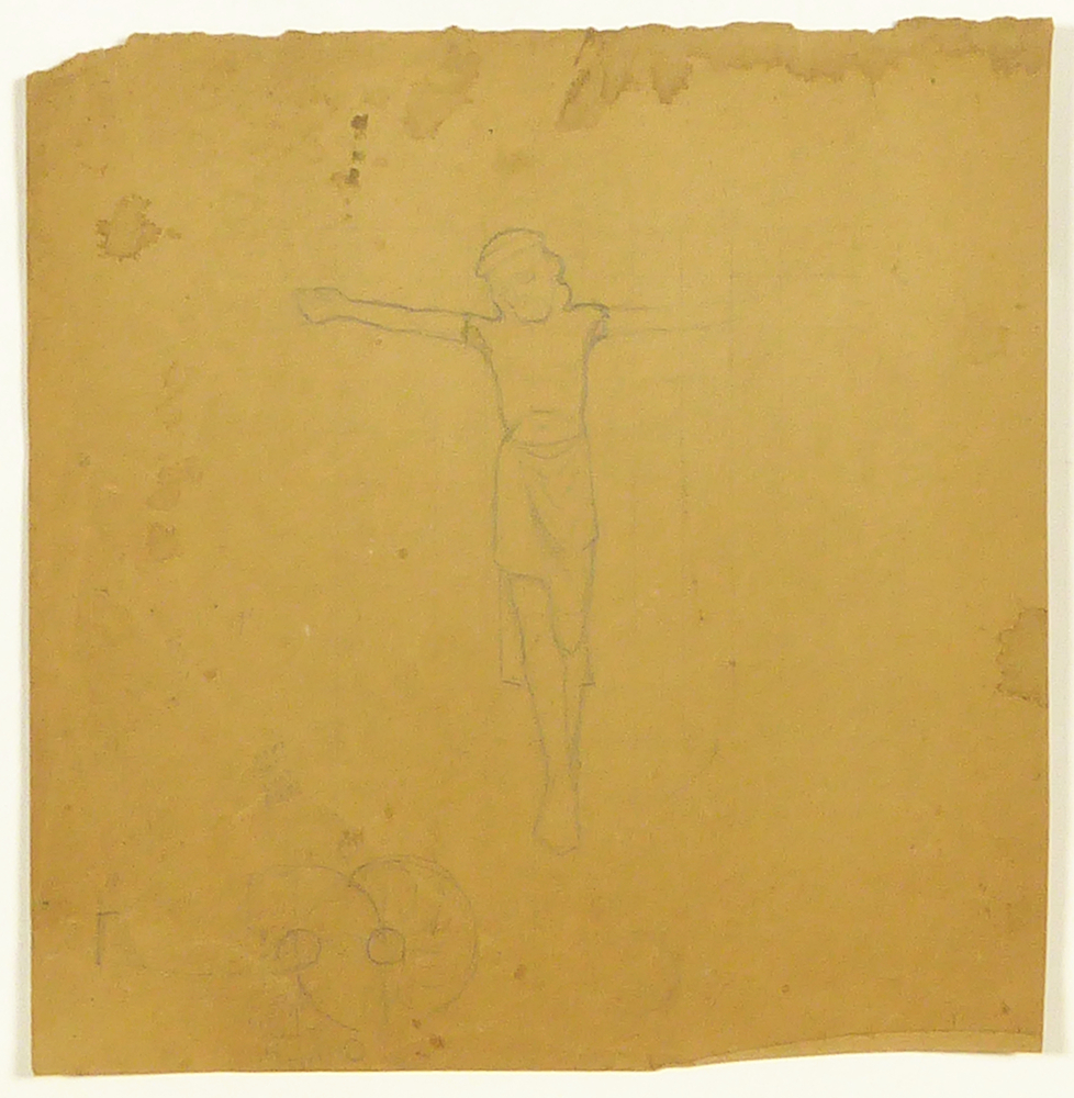 ontwerptekening Christus vooraanzicht ten voeten uit, schetsen, aantekeningen (getallen) linksonder