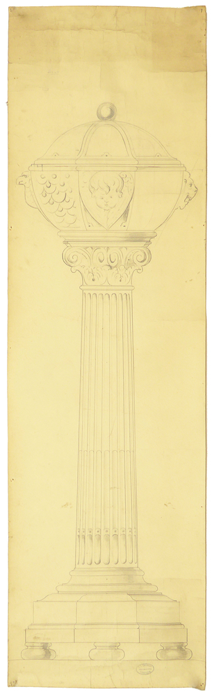 ontwerptekening doopvont gemaakt voor Exterkerk (Scheemda) (later afgebroken) huidige locatie kerk De Ontmoeting, Scheemda