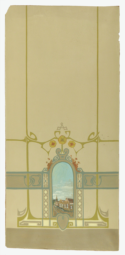 rechthoekig stuk behang op karton, met aan onderkant bloemen en groene lijnen in jugendstil motief met een boogvormige cartouche met hierin huizen aan het water en op de achtergrond een kerktoren