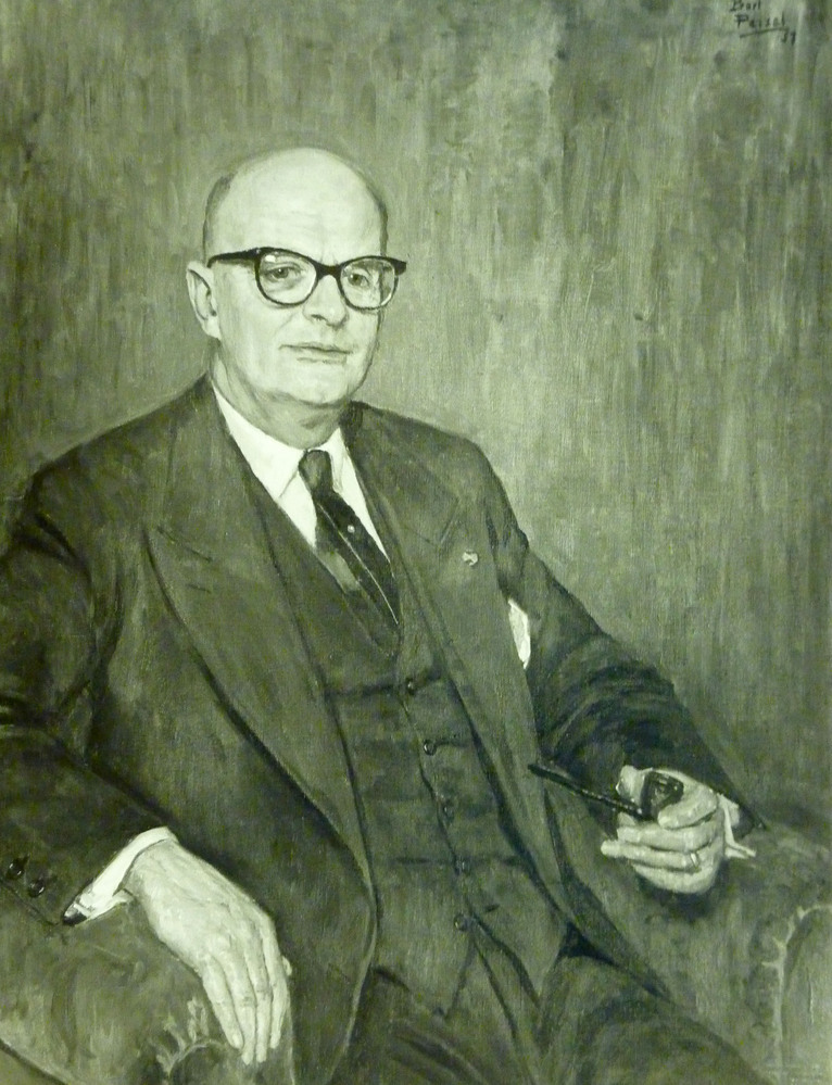origineel schilderij geschilderd juli 1956 door Bart Peizel , afscheid dhr B.G.Kernkamp als president - directeur op 1 september 1957 W.A.Scholten Foxhol.