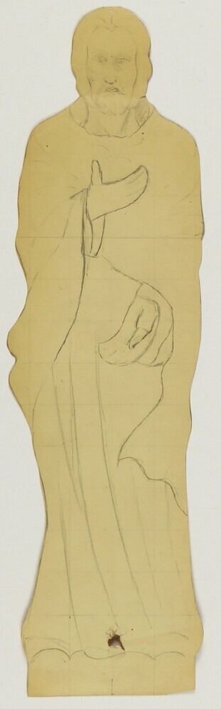 ontwerptekening Christus, waarschijnlijk heilig hart af te leiden uit houding, rechterhand ten voeten uit, vooraanzicht. tekening uitgeknipt, modeltekening op ware grootte