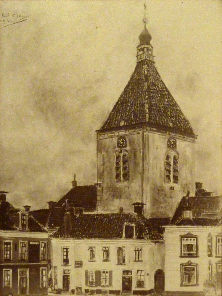 kerktoren met huizen ervoor, gesigneerd W Meyer 1916