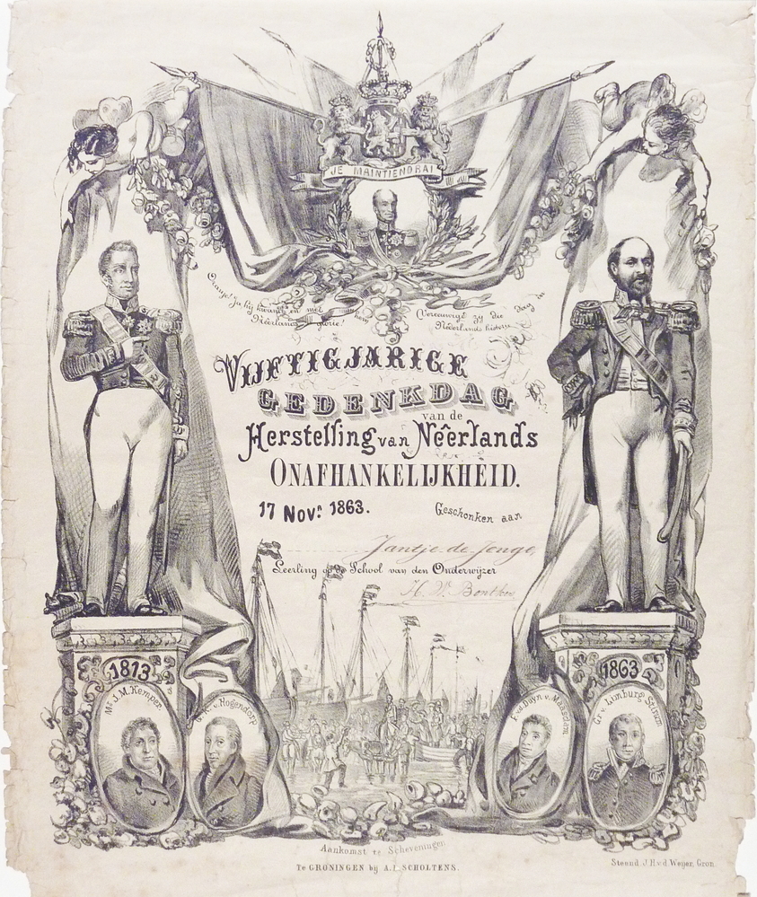 vijftigjarige gedenkdag van de Herstelling van Neerlands onafhankelijkheid 17 nov a 1863 geschonken aan Jantje de Jonge