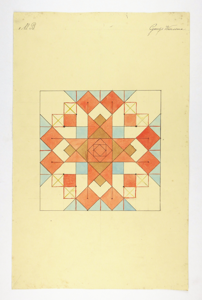 grote vierkant met hierin een mengelmoes aan bruin, rood wit en blauwe vierkanten en driehoeken