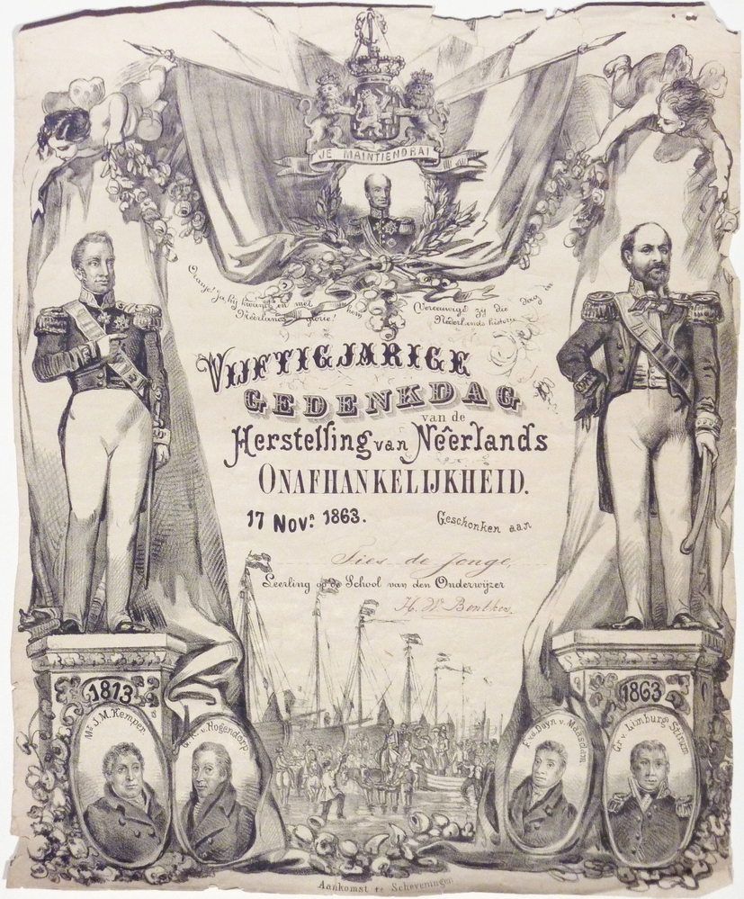 vijftigjarige gedenkdag van de Herstelling van Neerlands onafhankelijkheid 17 nov a 1863 geschonken aan Ties de Jonge