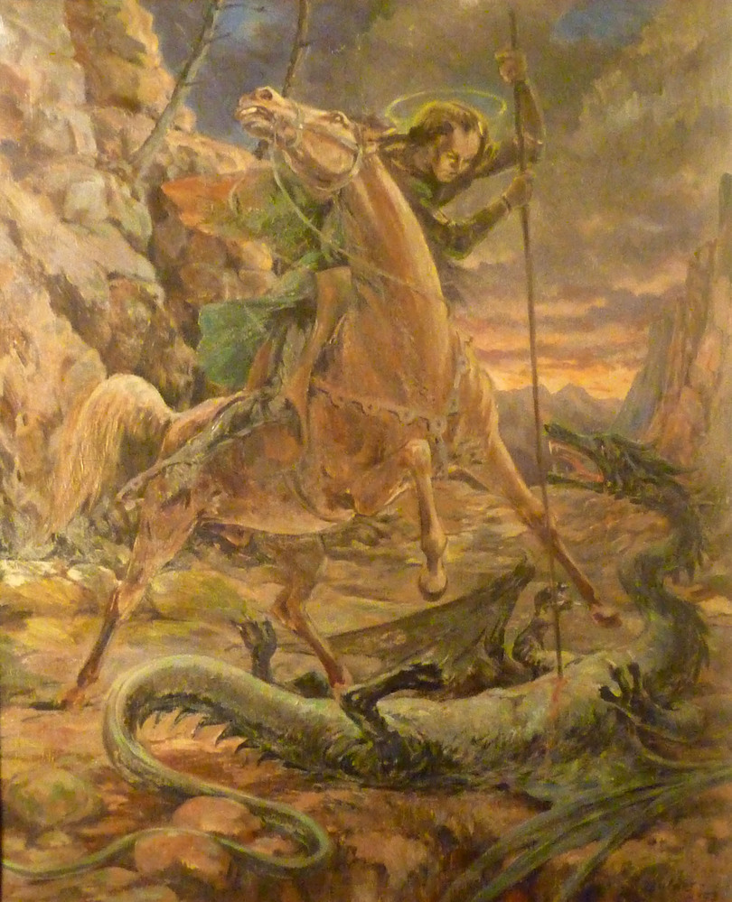 olieverfschilderij St Joris en de draak, 1953. Man op paard met aureool op zijn hoofd en een speer of lans in zijn handen geeft net een gevleugelde draak die op zijn rug op de grond ligt de genadestoot in zijn onbeschermde buik.