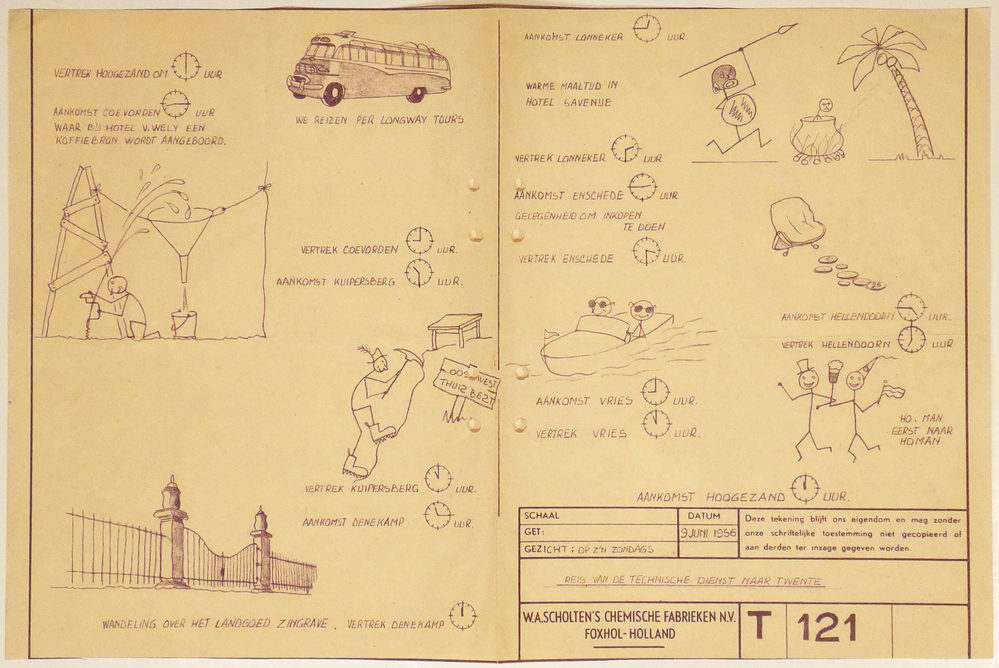 Reisschema in tekeningvorm van een uitstapje van de technische dienst van W.A.Scholten's chemische fabrieken NV te Foxhol naar twente, met opdruk vertrek hoogezand om uur aankomst coevorden uur waar bij hotel V. Wely een koffiebron wordt aangeboord we reizen per longway tours vertrek coevorden uur aankomst kuipersberg uur oost west thuis best vertrek kuipersberg aankomst denekamp wandeling over het landgoed Zingrave vertrek denekamp aankomst lonneker uur warme maaltijd in hotel savenije vertrek lonneker uur aankomst enschede uur gelegenheid inkopen te doen vertrek enschede uur aankomst hellendoorn uur vertrek hellendoorn uur aankomst vries uur vertrek vries duur Ho man, eerst naar Homan aankomst hoogezand uurmet plaatjes ter verduidelijking. uit nalatenschap van oud- medewerker en vader van schenker Harm Toorman (1921-2017)