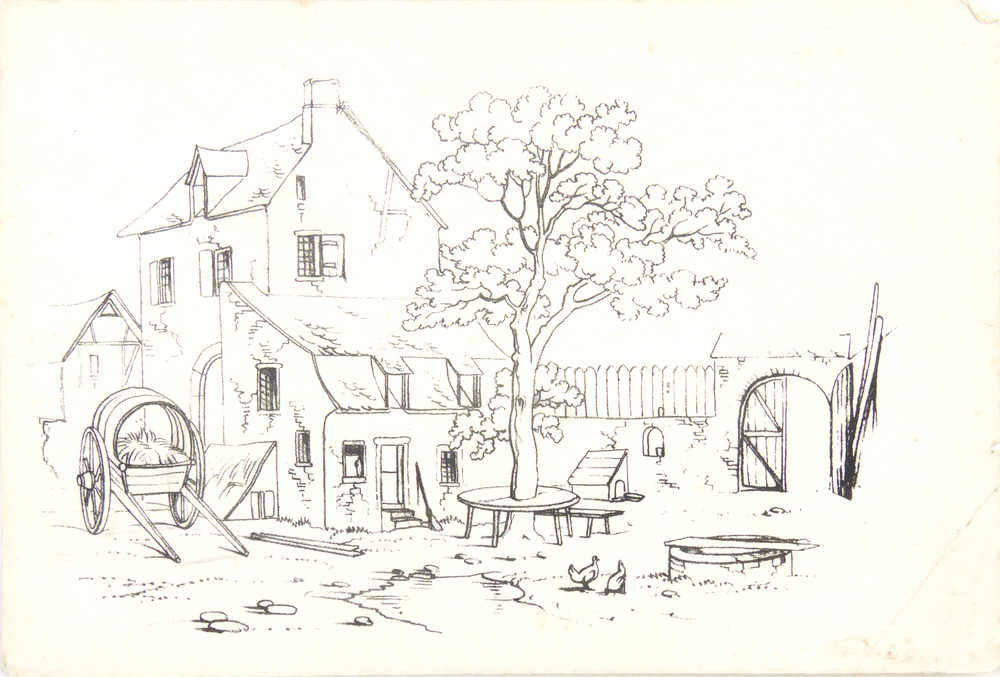 huis met tuin en boom, kar vol stro, waterput en vogels in tuin