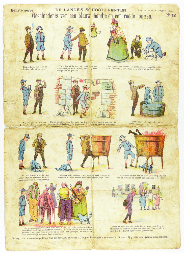rechthoekig blad papier met daarop in stripverhaal een centsprent met opdruk:  de lange's schoolprenten eerste serie : geschiedenis van een blauw hondje en een roode jongen uitgave M.D. de lange Veendam No 12