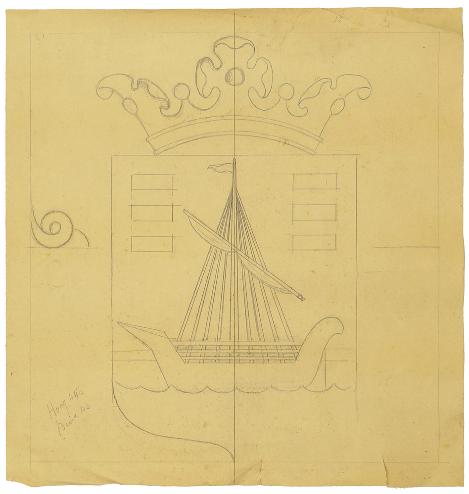 ontwerptekening relief in hout gekroon wapenschild met boot erop, gemeente wapen van Oude Pekela