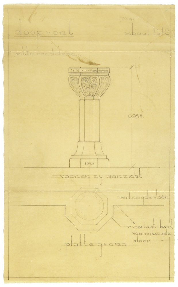 kleine ontwerptekening doopvont witte zandsteen voor en zijaanzicht in een, een plattegrondtekening inscriptie rond doopvont Ik zal mijn verbond oprichten (fragment bijbeltekst mb.t. doop op transparant papier datering op doopvont 1943 doopvont te vinden waarschijnlijk Ned. Hervormde kerk te Nieuwe Pekela