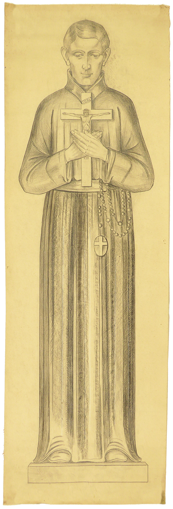 ontwerptekening voorbereidende tekening figuur ten voeten uit, vooraanzicht attributen crucifix voor de borst, Heilige Franciscus of franciscaner monnik