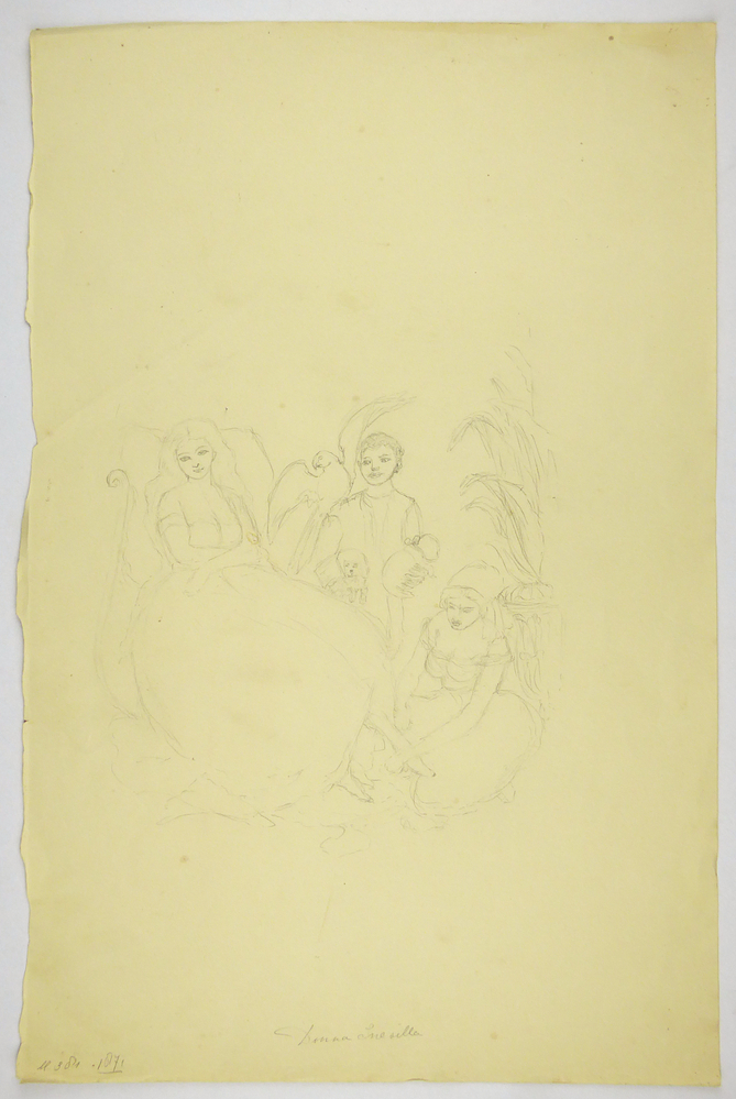 vrouw, naast haar vrouw die haar voeten wast, tussen hen in man met papegaai op arm en twee hondjes in de handen , aan de rechterkant een plant en onder plaatje de geschreven tekst : blz 381 1871 Donna Inesilla