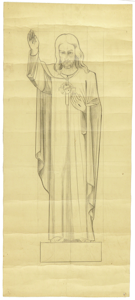 ontwerptekening beeldhouwwerk Christus, vooraanzicht ten voeten uit