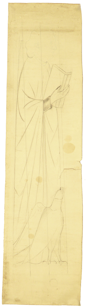 ontwerptekening beeldhouwwerk zijaanzicht figuur ten voeten uit, attributen adelaar aaan voeten, boek in handen, Johannes de Evangelist, beeld in H. Franciscuskerk Steenwijksmoer, naam rechtsboven in potlood geschreven ..... Rotterdam, eigenaar bestemming tekening in Rotterdam