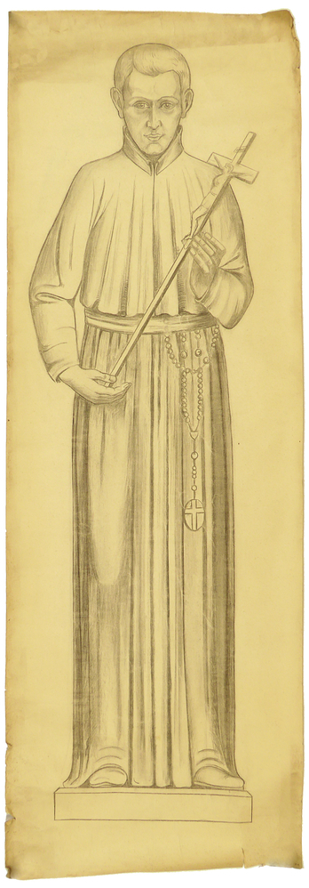 ontwerptekening voorbereidende tekening beeldhouwwerk figuur ten voeten uit, vooraanzicht attributen crucifix kleding wijst op monniksorde Heilige Franciscus, achterkant schets zijaanzicht figuur met kind op arm en kind geknield