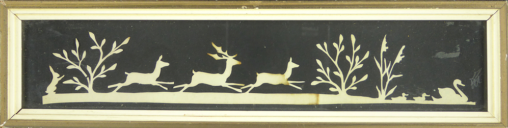 rechthoekige papieren knipselkunst in goudkleurige hout met gipsen lijst, voorstellende een konijn, een boom, drie rennende herten, twee bomen en een eend met 2 jongen, rechtsonder gesigneerd W.TJ.Lever
