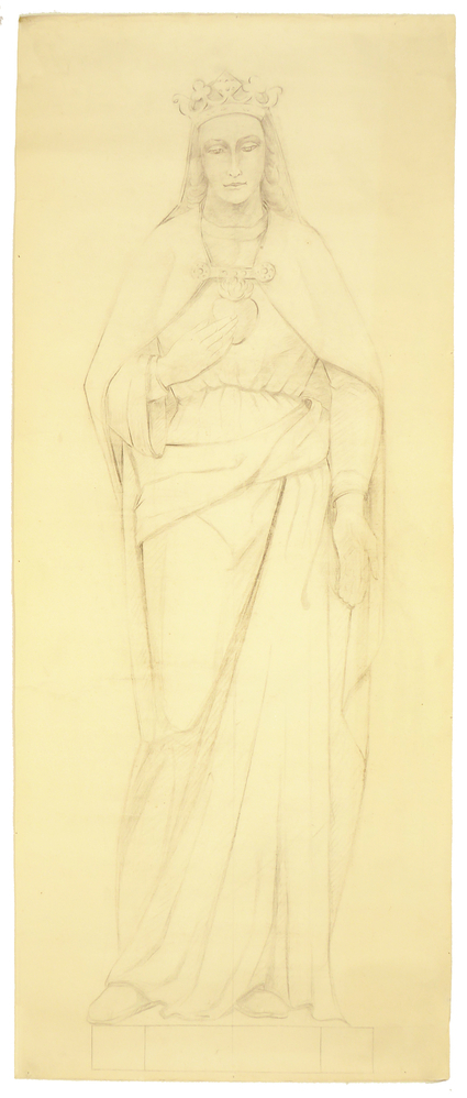 ontwerptekening beeldhouwwerk Maria met vlammend hart, onbevlekt hart van Maria ten voeten uit