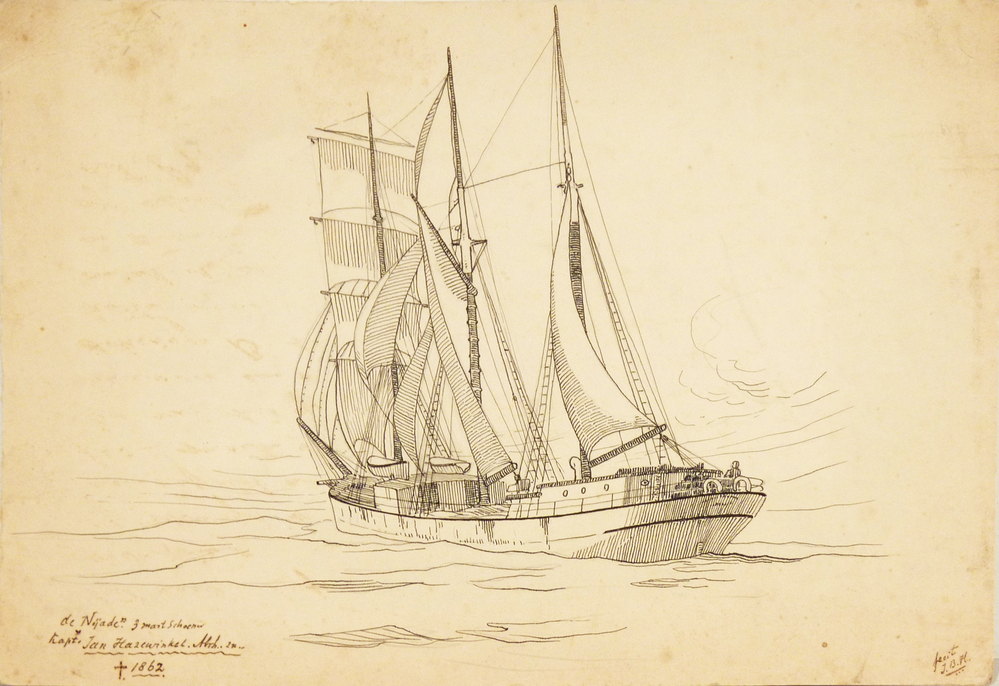 Scheepsportret 3 mastschoener Najade, met inscriptie de Najade 3 mastschoener kapt Jan Hazewinkel Abramszn 1852 fecit J.B.H.