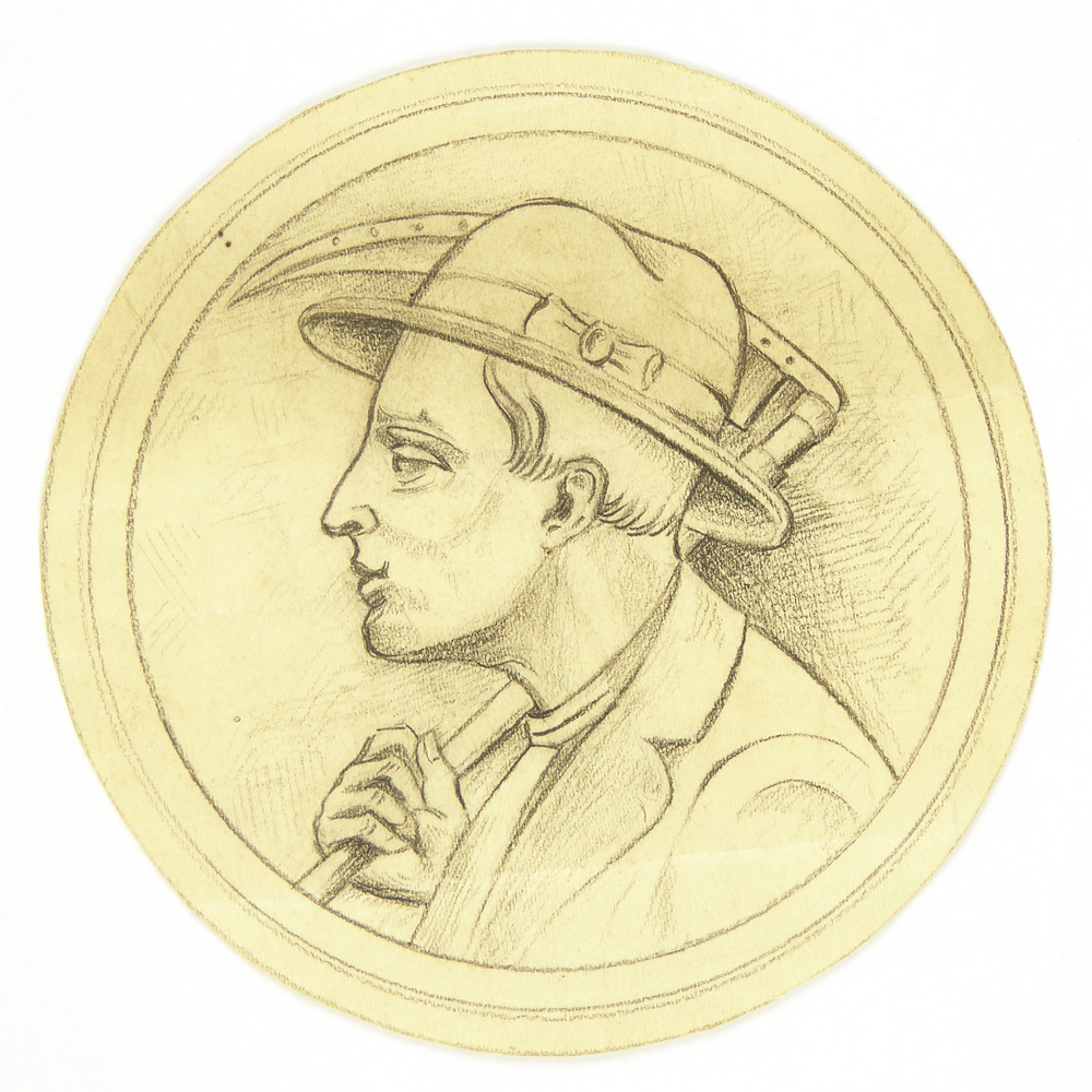 ontwerptekening rond mansportret en profil met hoed en zeis