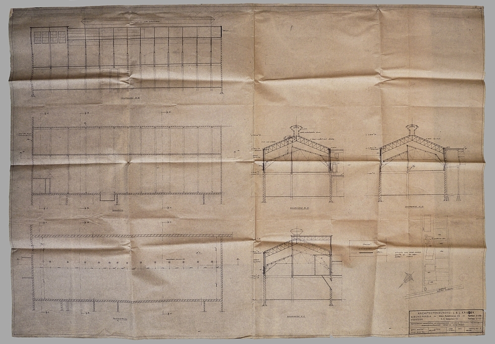 plattegrond verdieping en doorsneden i.v.m nieuwe bekapping hoofdgebouw strokartonfabriek Ceres NV Oude Pekela / 6