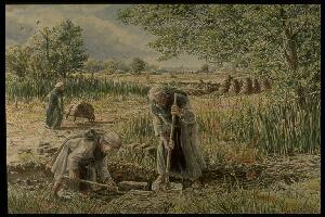 aquarel Geert Schreuder, 1992, monniken in het Veen, op de voorgrond zijn twee monniken turf aan het steken, daarachter is een monnik bezig met een kruikar vol turven naar andere monniken te brengen, daar staan enkele turfhopen om de turven in de open lucht te laten drogen en erachter ligt een beladen turfschip, een snabbe of een taske met een man erin.