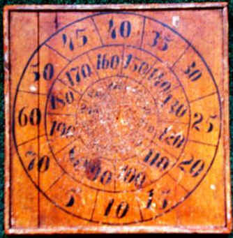 vierkante houten bord met cirkel met vlakverdeling waarin getallen staan. uit het familie bezit van Pieter Ausema en Frouwina Ausema - Woldhuis , gehuwd in Uithuizen op 5 maart 1866 , hadden een kruidenierswinkeltje annex cafe in losdorp. Geschonken aan het Veenkoloniaal Museum in de jaren 1980 door kleinzoon Joh.H Ausema.
Pieter Ausema , geboren 5 maart 1866 te Uithuizermeeden , overleden 19 augustus 1926 te Uithuizermeeden.
Frouwina Wolthuis , geboren 14 december 1866 te Middelstum , overleden 7 september 1943 te Uithuizermeeden.