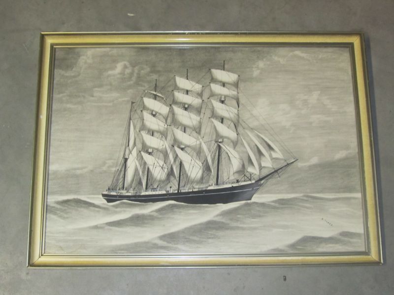 potlood / houtskool / inkttekening van 4 mast bark Garthpool