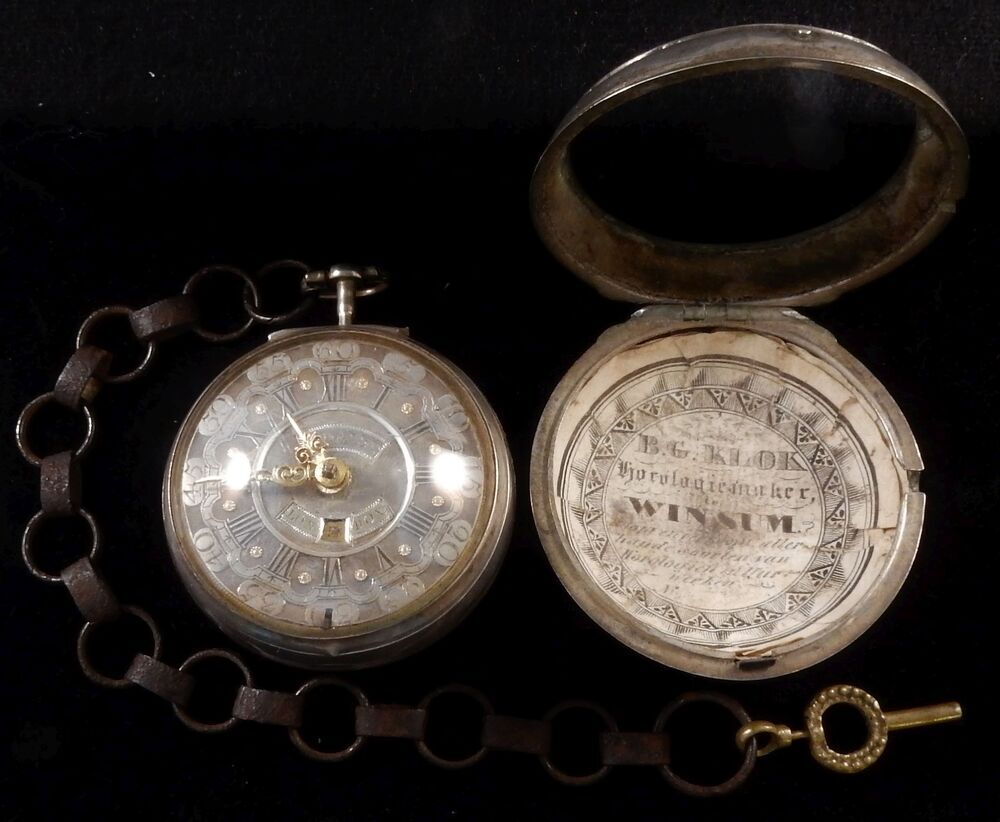 zilveren zakhorloge met sleutel BG Klok in Winsum