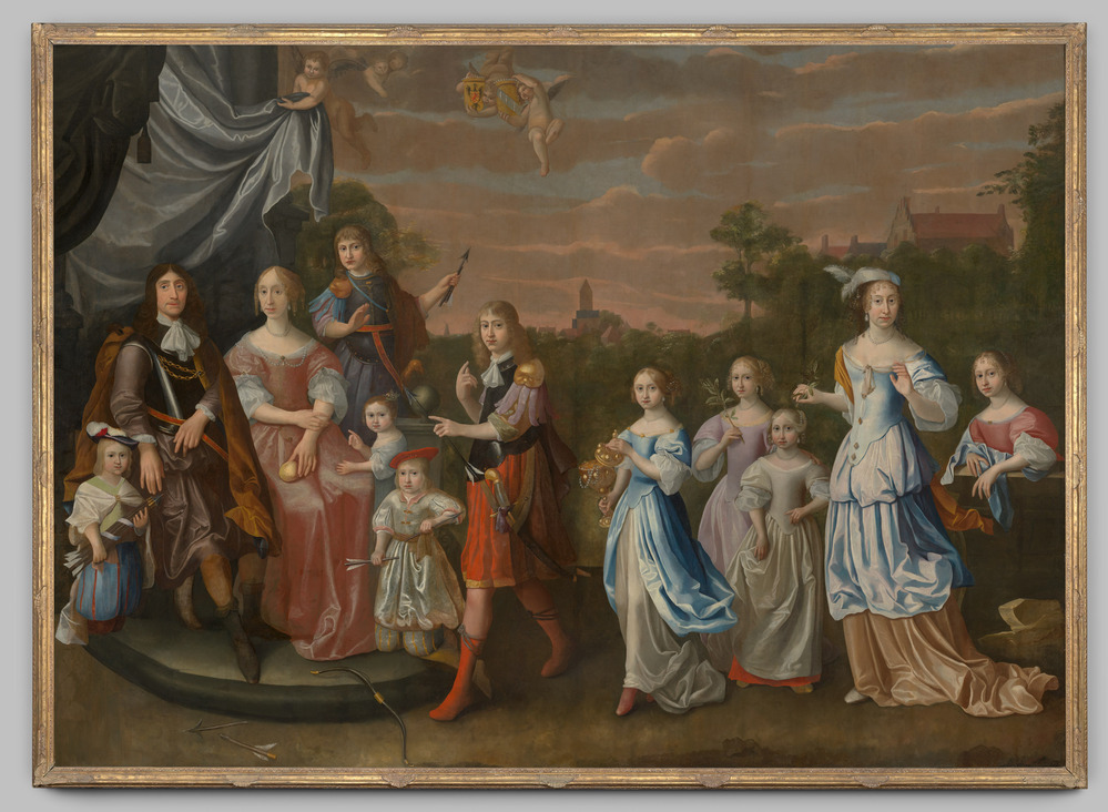 Familieportret van Allard Tjarda van Starkenborgh met partner en 10 kinderen